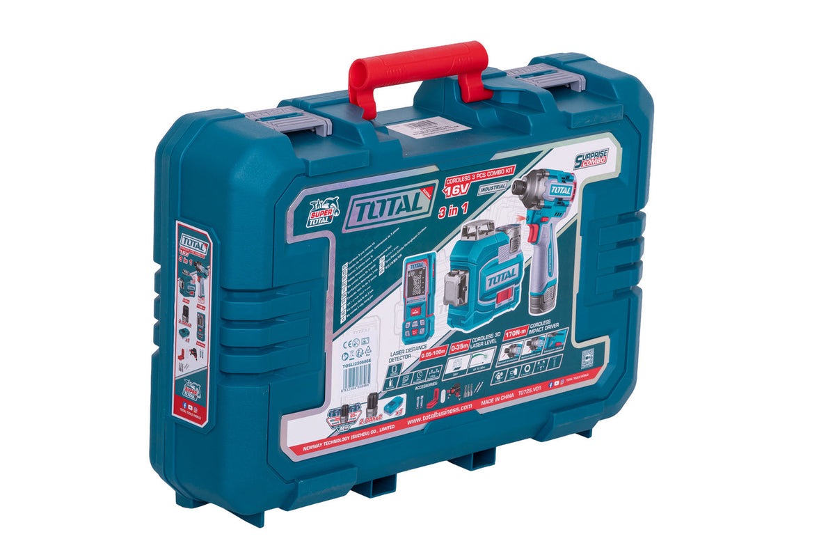 Kit combo TOTAL 16V cu masina de insurubat cu impact, nivela laser 3D si telemetru laser