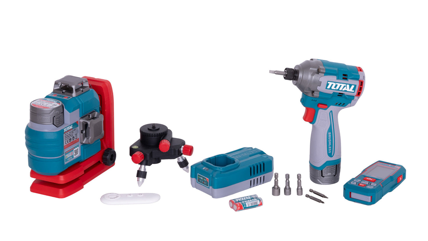 Kit combo TOTAL 16V cu masina de insurubat cu impact, nivela laser 3D si telemetru laser