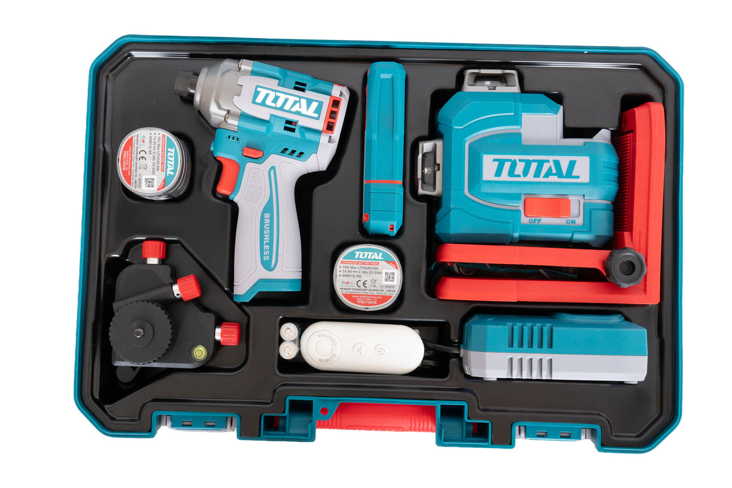 Kit combo TOTAL 16V cu masina de insurubat cu impact, nivela laser 3D si telemetru laser