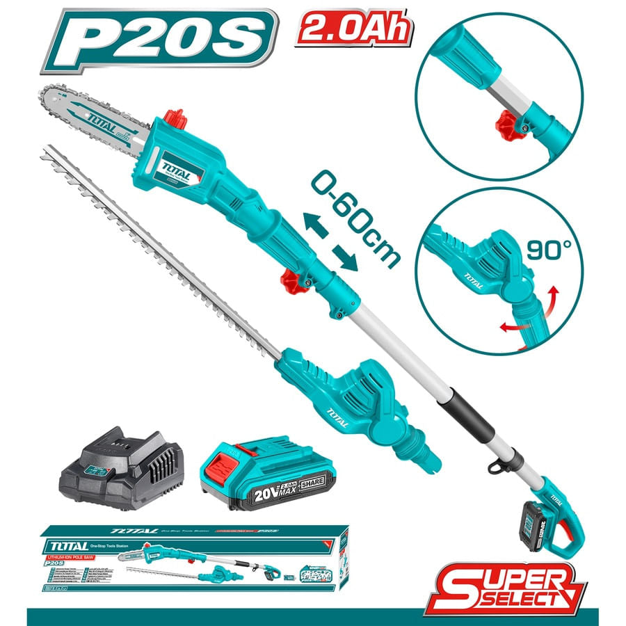 Fierastrau telescopic si trimmer gard viu TOTAL 20V, 2.4m, lama 46cm + 20cm, acumulator 2.0Ah inclus