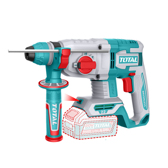 Ciocan rotopercutor TOTAL Li-Ion 20V, 2.0 J, motor fara perii, SDS Plus, fara acumulator si incarcator