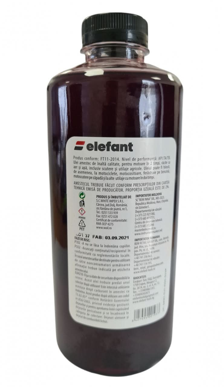 Ulei 1L, rosu amestec motoare 2T 30ml/l, Elefant