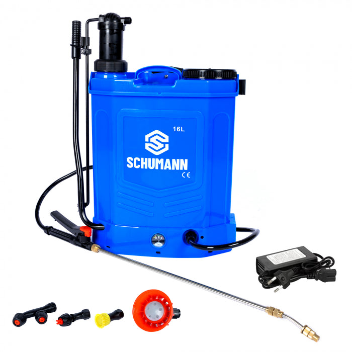 Pompa de stropit electrica + manuala 2 in 1, Schumann®, 16 L, acumulator, 6 BAR, regulator, 5 duze de stropire incluse