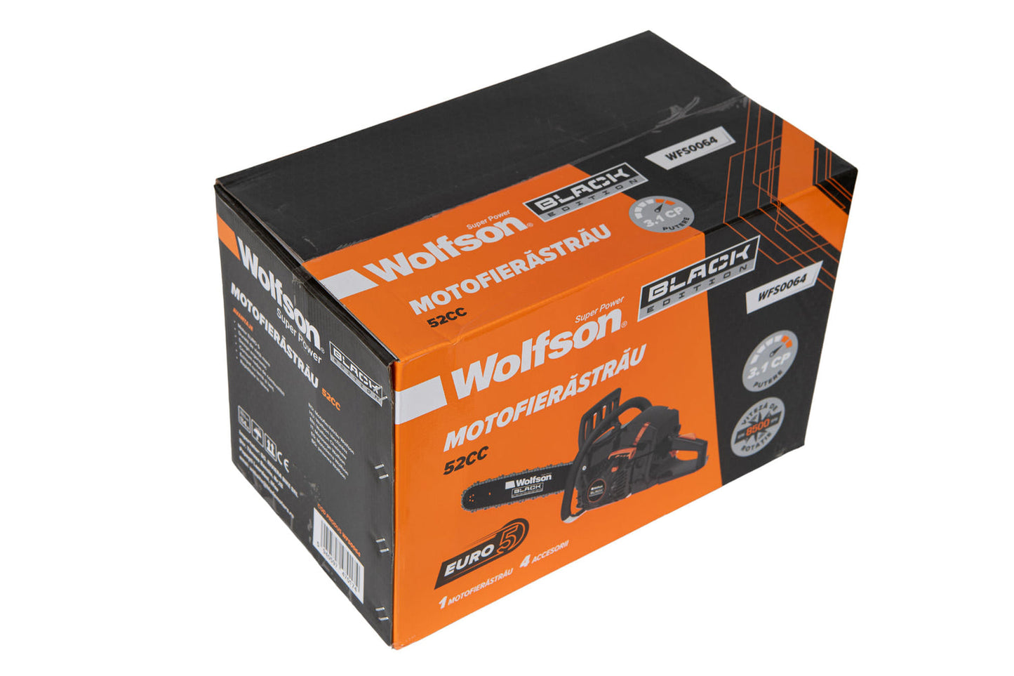 Drujba pe benzina WOLFSON Black Edition EURO 5, 52 cc, 3.1 CP, lama 40 cm, 33 dinti taietori, PROFESIONALA