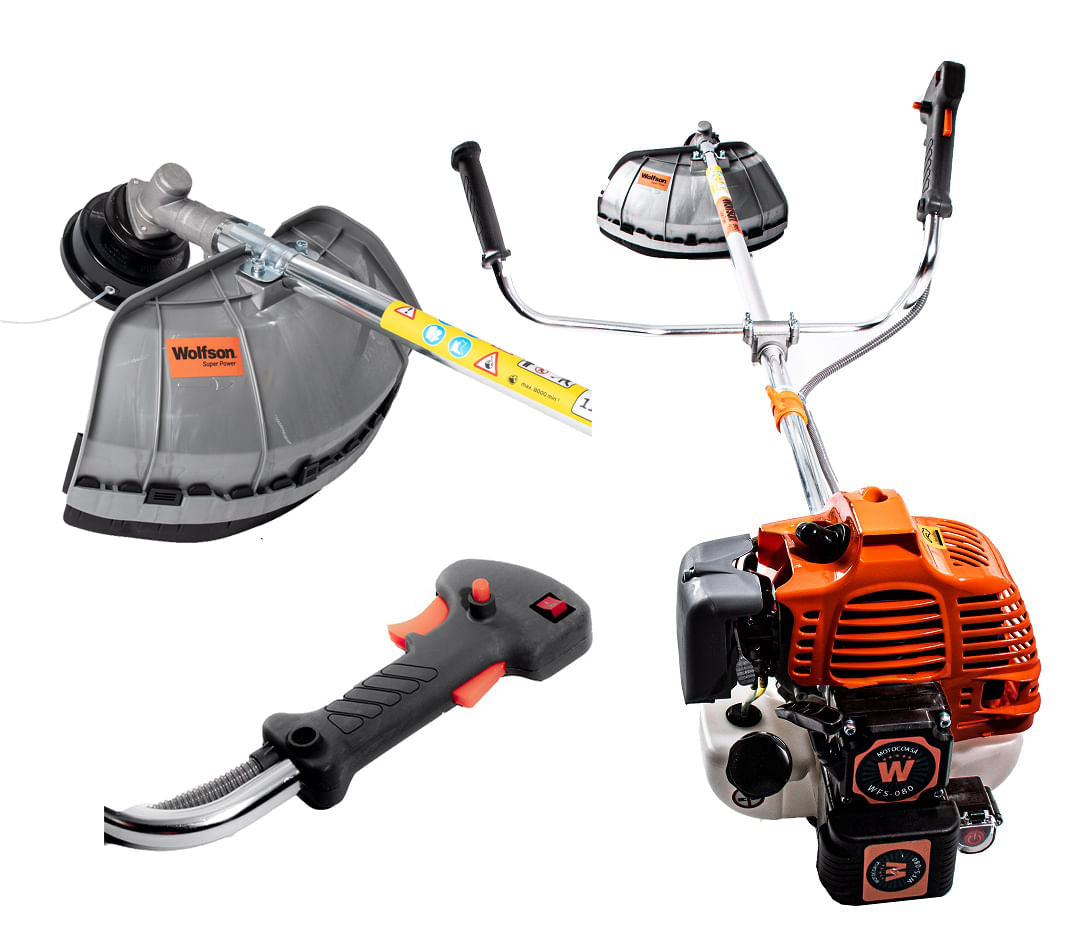 Motocoasa profesionala WOLFSON 8 CP cu pornire electrica, 52CC, arbore 28 mm, 10 accesorii