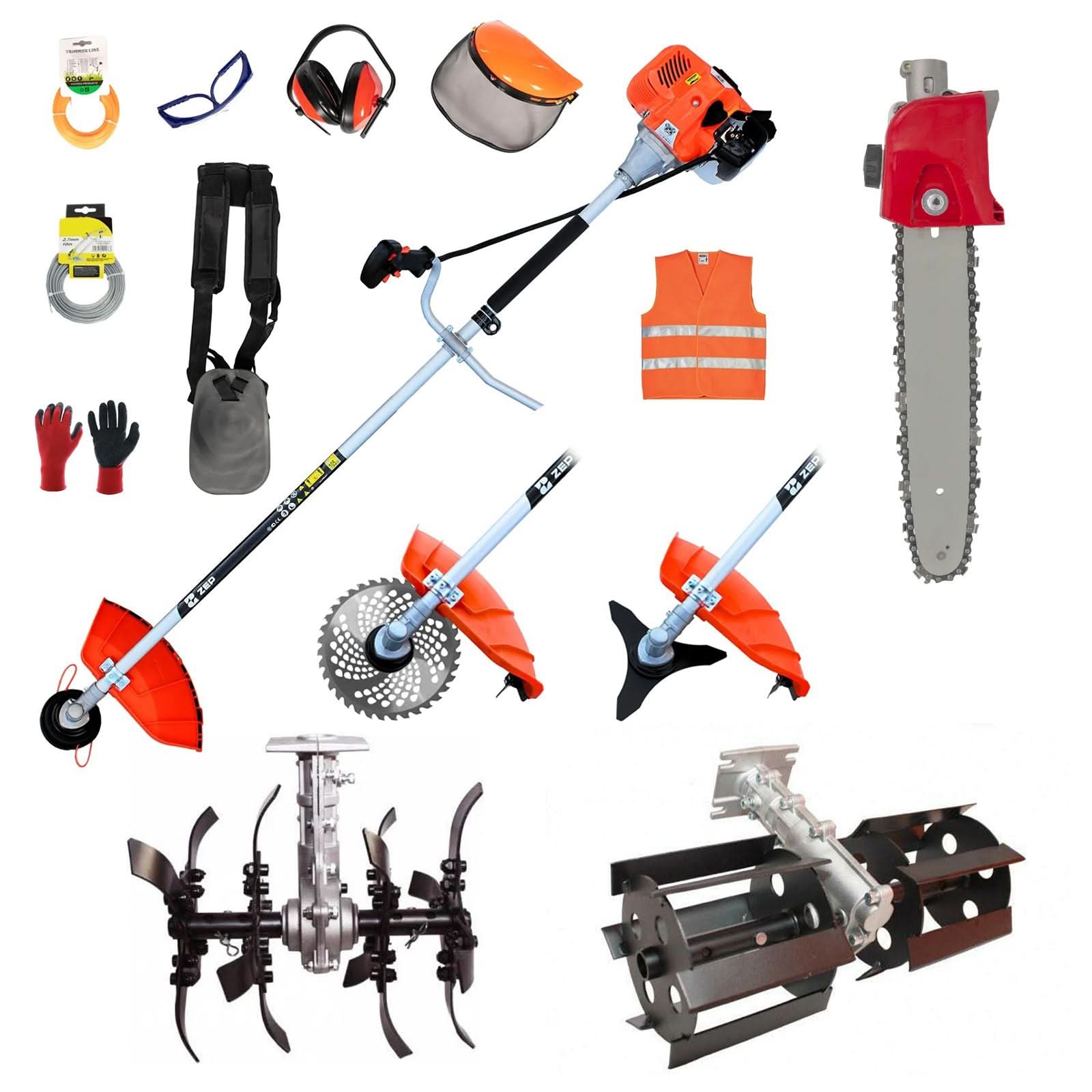 Motocoasa ZEP Power 5, 5 CP, 52CC, 8000 RPM, Easy Start, 15 Accesorii, Cultivator, Prasitoare, Tambur Fir, Disc Metal 3 Lame