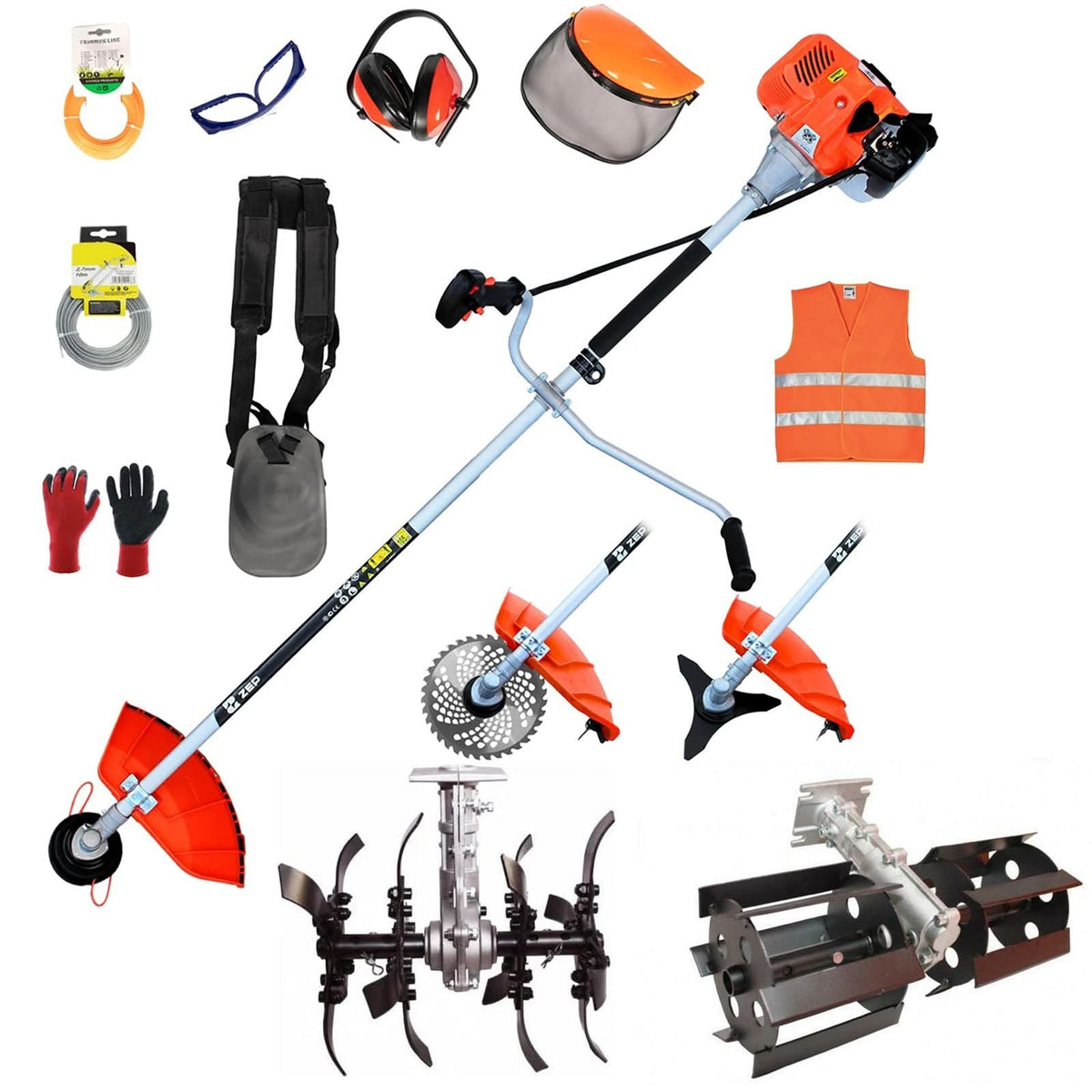 Motocoasa ZEP Power 5, 5 CP, 52CC, 8000 RPM, Easy Start, 14 Accesorii,  Prasitoare, Cultivator. Tambur Fir, Disc Metal 3 Lame