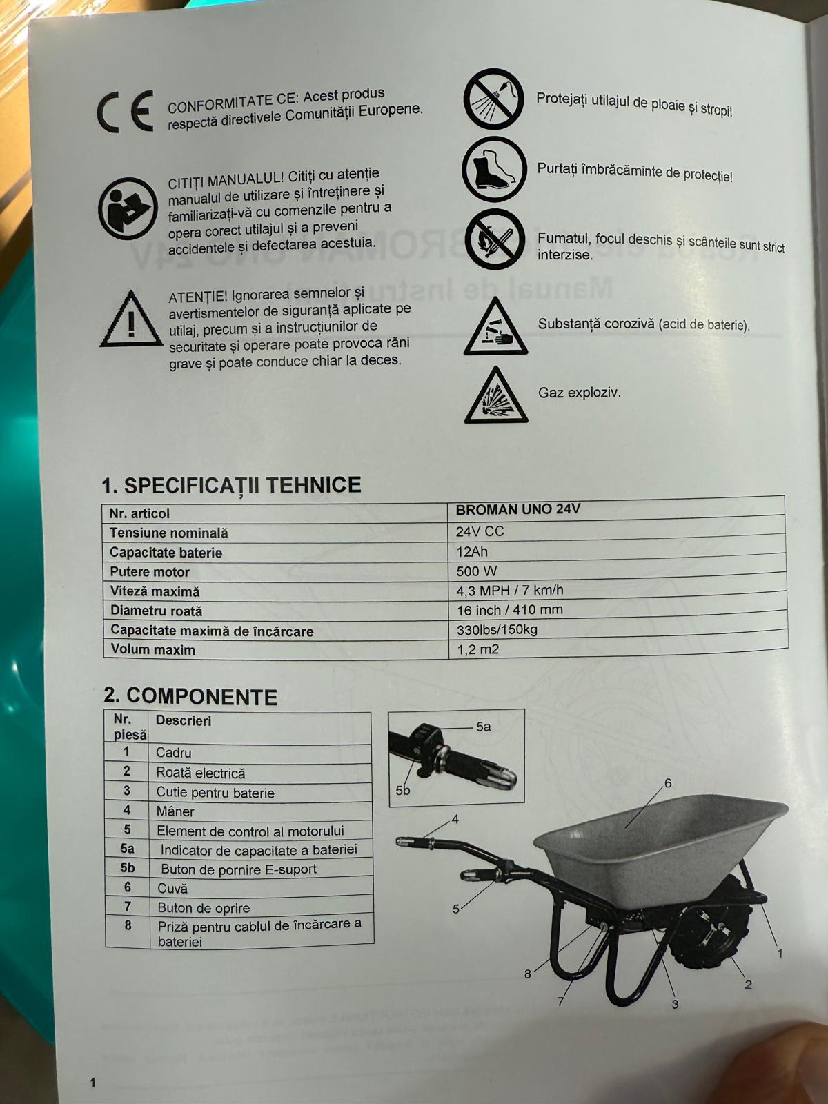 Roaba Electrica Broman UNO | 500W | 150kg | 24V 12Ah | Cuva Basculabila