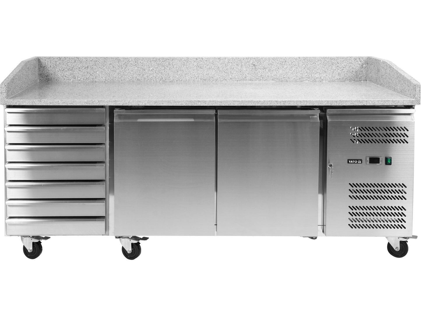 MASĂ RECE PENTRU PIZZA, BLAT DIN GRANIT, 2 UȘI + 7 SERTARE, 580L