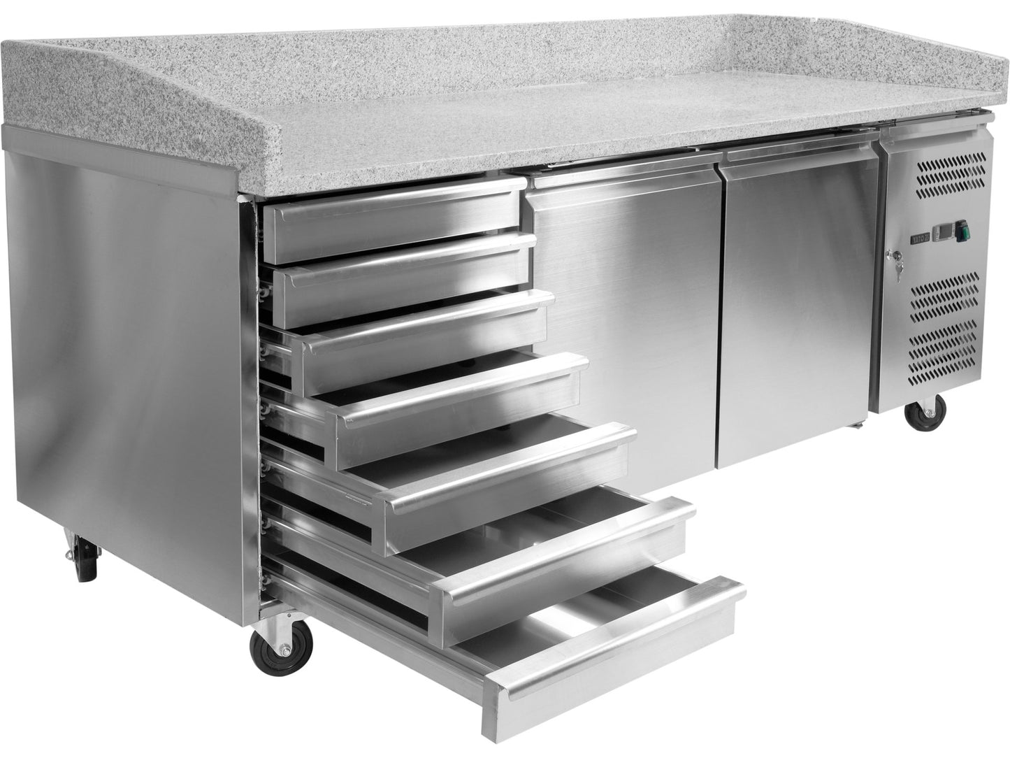 MASĂ RECE PENTRU PIZZA, BLAT DIN GRANIT, 2 UȘI + 7 SERTARE, 580L