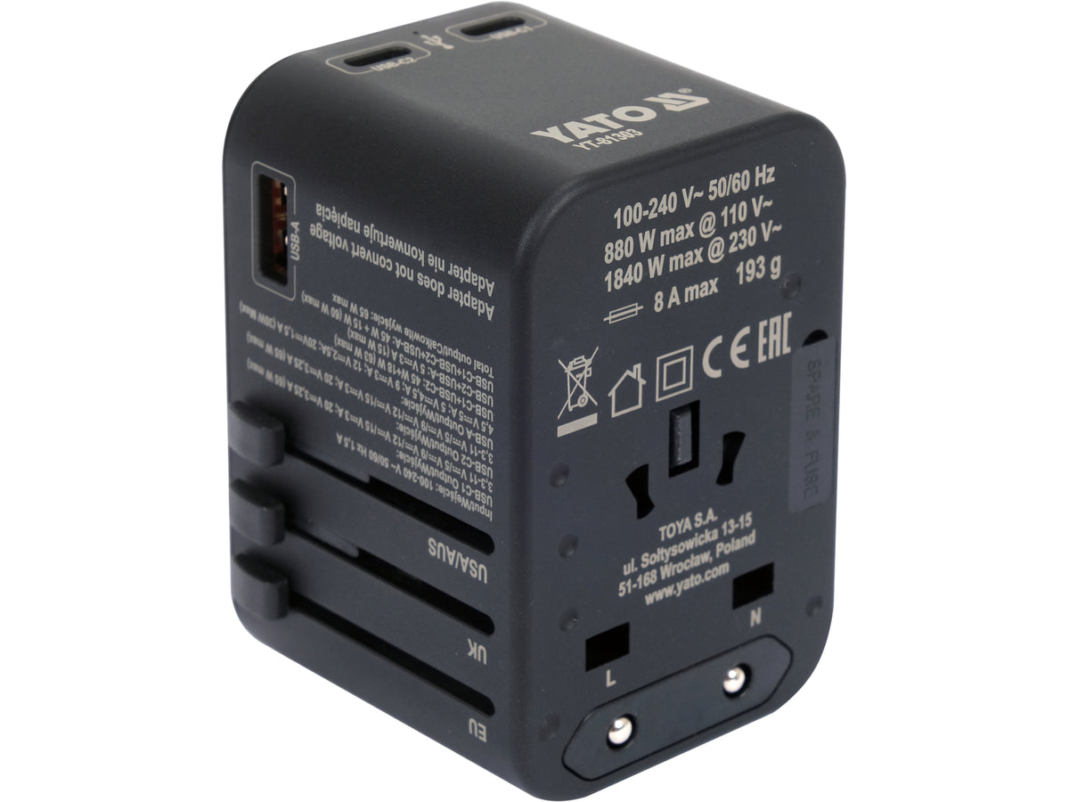 Adaptor YATO YT-81303 cu USB-C PD 65W si USB-A QC 30W
