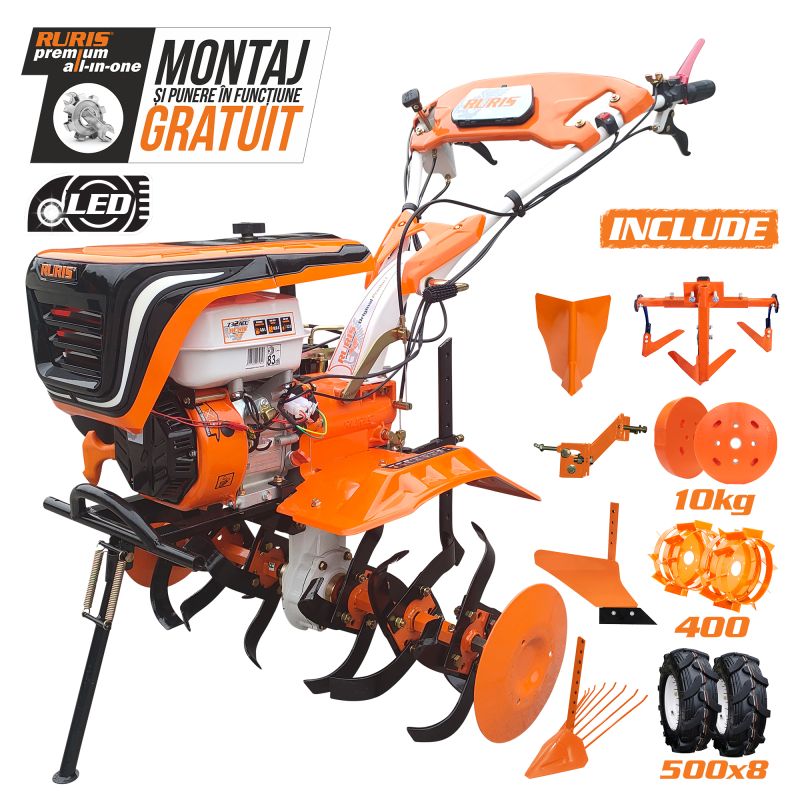 Motosapatoare RURIS 732ACC + roti cauciuc 5.00-8+rarita+plug+adaptor+dispozitiv scos cartofi+roti metalice 400 fara manicot+cultivator+set contragreutati 10kg 8.5 CP