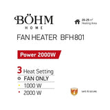 Aeroterma electrica Bohm BFH-801, 2000W, 3 trepte putere, suprafata incalzire 25mp