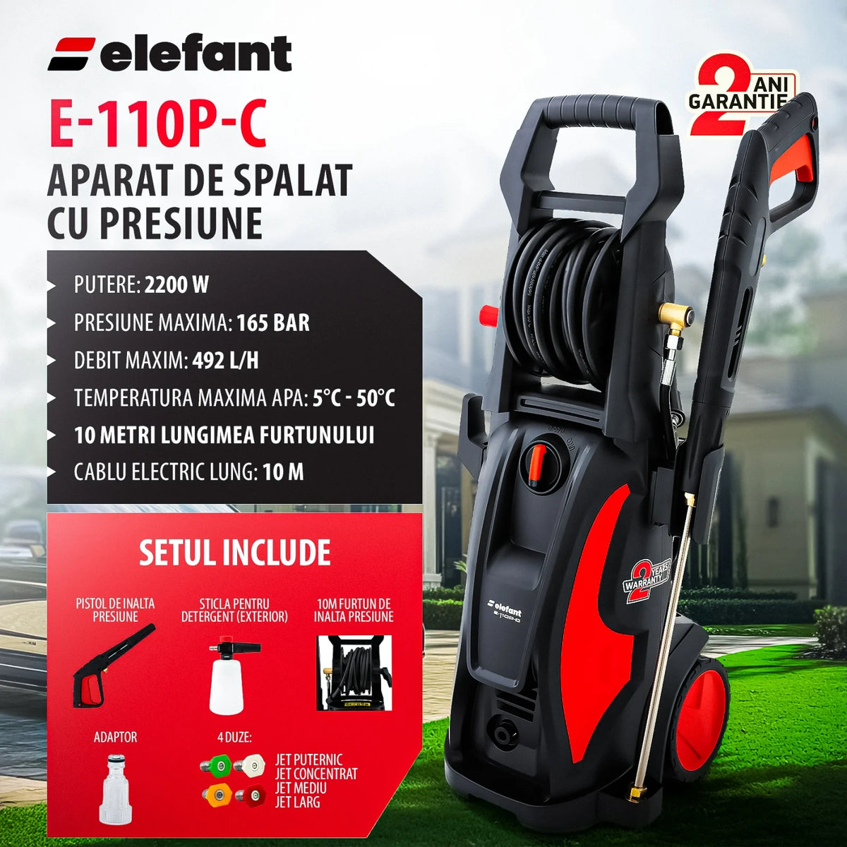 Aparat de Spalat cu Presiune ELEFANT E-110P-C, 2200W, 165 Bar, 492L/h