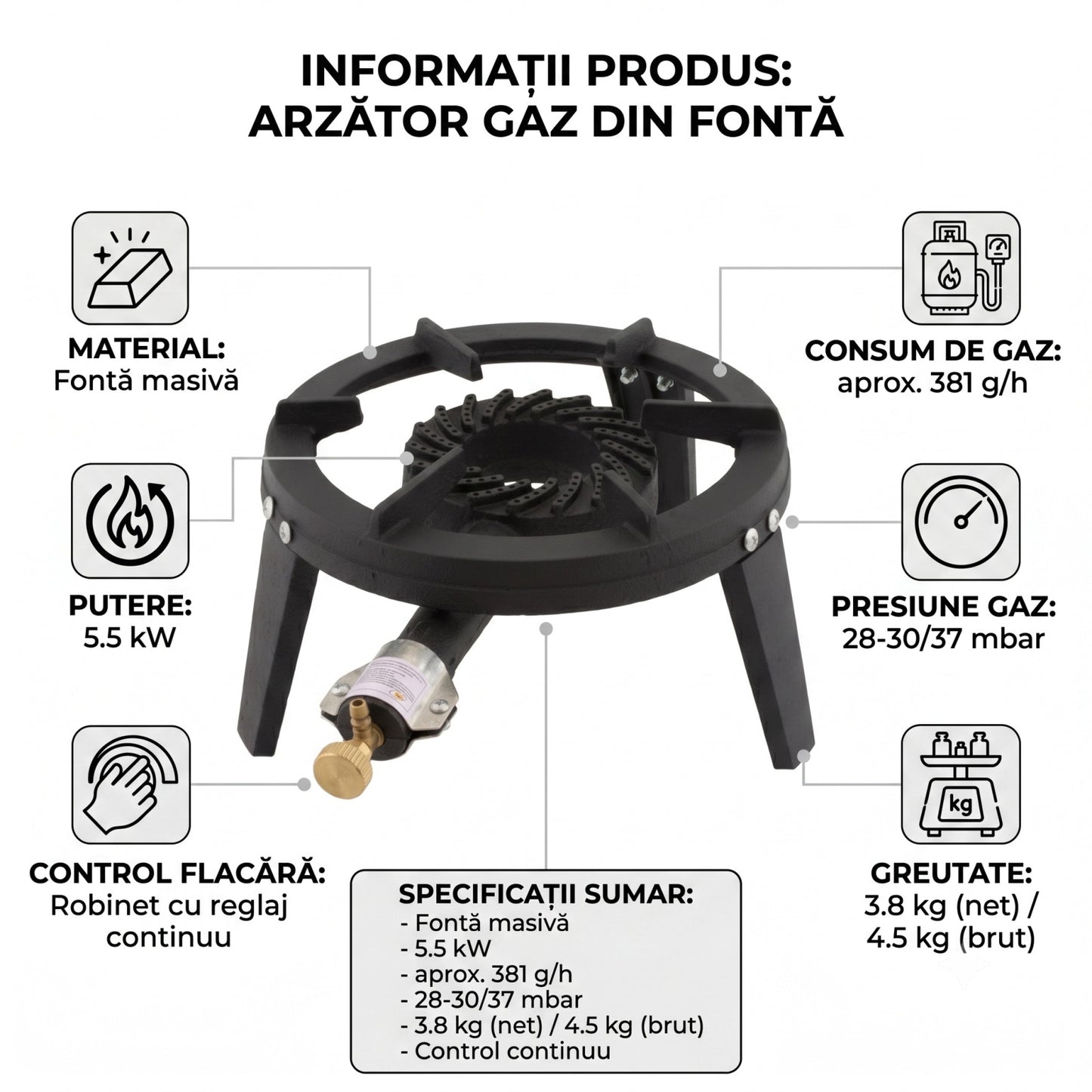 Arzator pirostrie gaz GPL propan-butan Rotor, putere 5.5 kW, fonta, consum 381 g/h, presiune 28-30bar, robinet reglaj