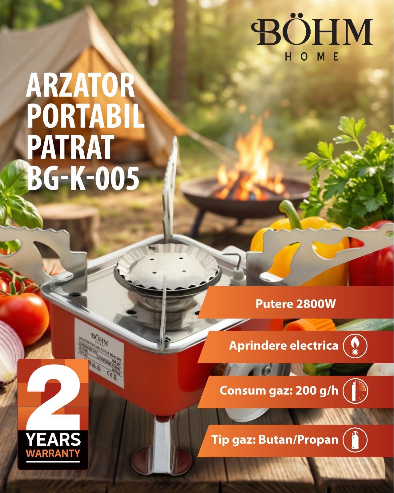 Arzator Portabil Patrat Bohm BG-K-005, propan/butan, pentru camping - imagine produs