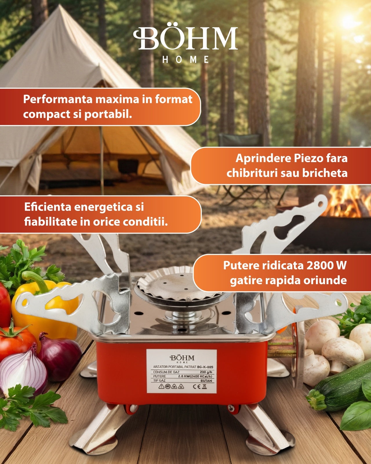 Arzator Portabil Patrat Bohm BG-K-005, propan/butan, pentru camping - detaliu 5