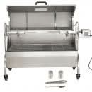 Gratar pe carbune cu rotisor electric 50W, capac, inox, suprafata 103.5x37.5 cm, inaltime reglabila, roti blocabile, termometru, 60 kg