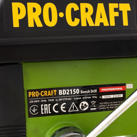 Bormasina de banc cu coloana PROCRAFT BD2150, 750W, 20mm, 16 trepte viteza, 67 kg