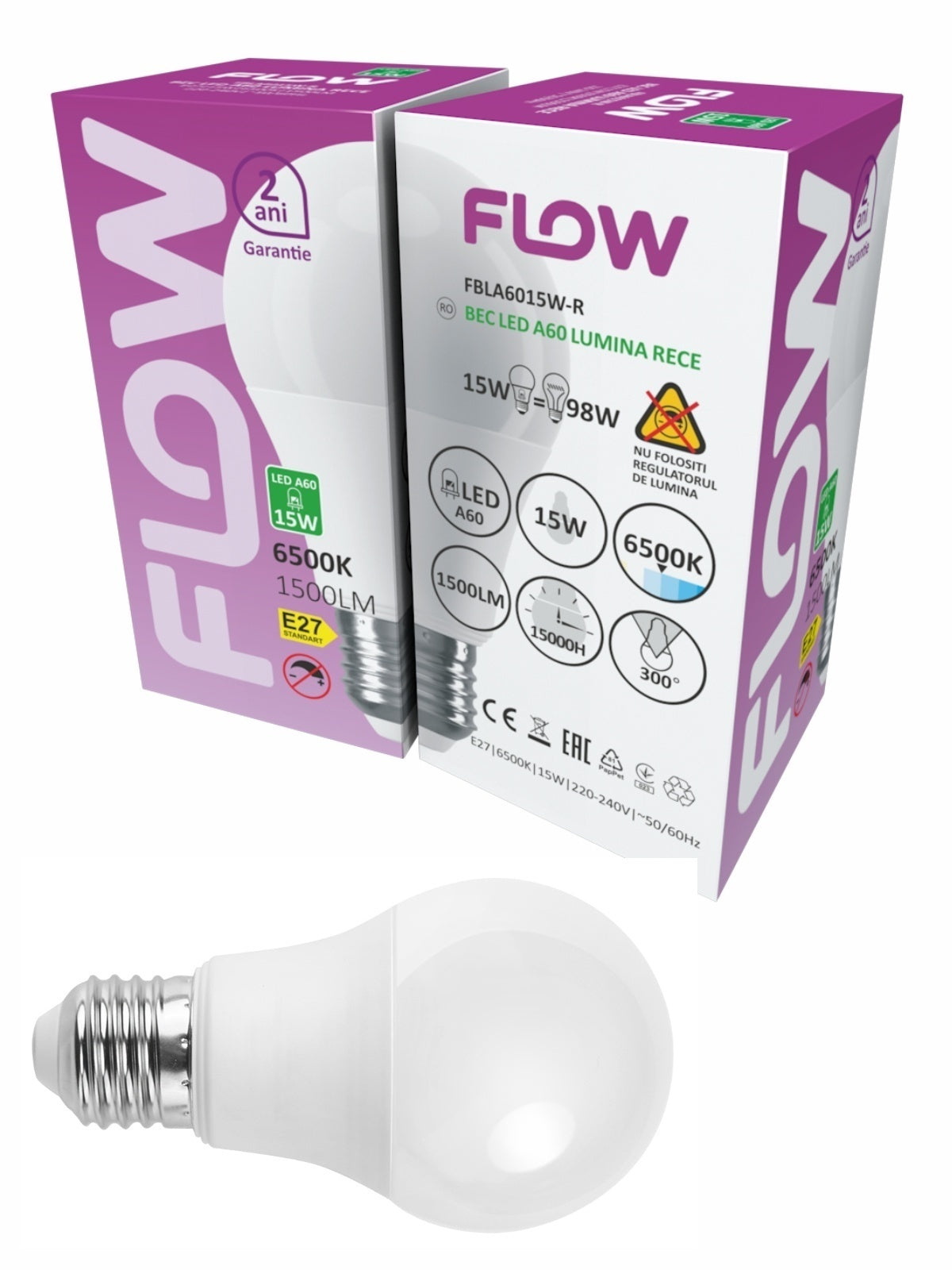 Bec LED A60 15W, E27, 6500K – Lumină rece FLOW FBLA6015W-R