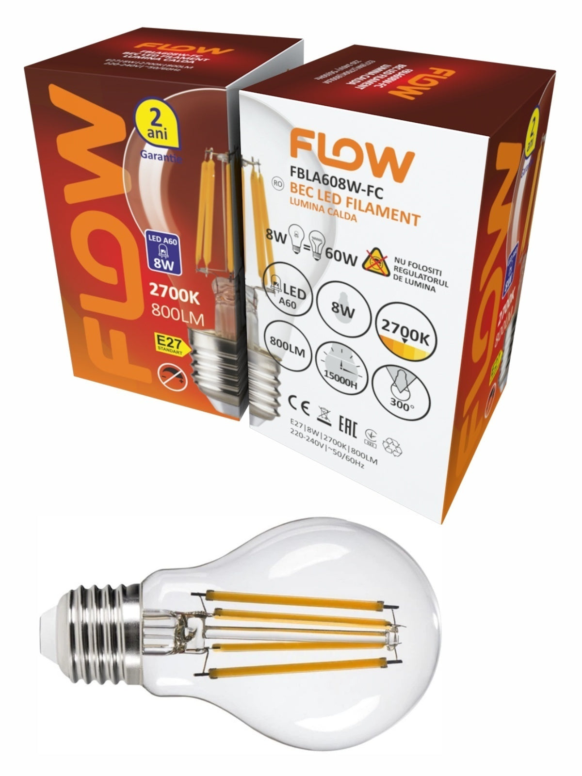 Bec LED Filament A60 Flow, 8W, E27, 2700K lumina calda