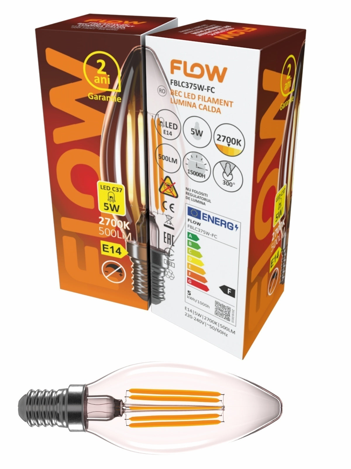 Bec LED Filament C37 Flow, 5W, E14, 2700K lumina calda