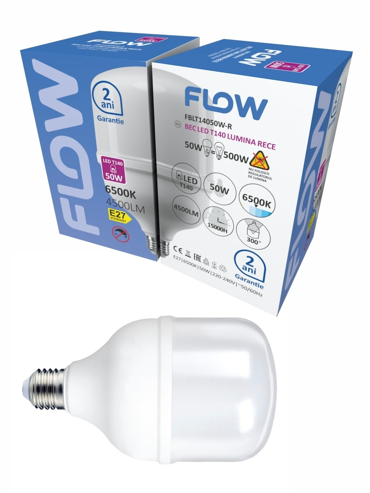 Bec LED T140 Flow, 50W, E27, 6500K lumina rece, putere mare