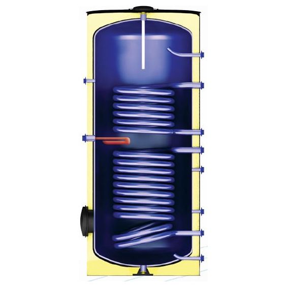 Boiler cu 2 serpentine Zep Fornello SOL 150 LT 2S, pentru centrala termica si solar, montaj pe sol, izolatie termica, manta de protectie , flansa de vizitare