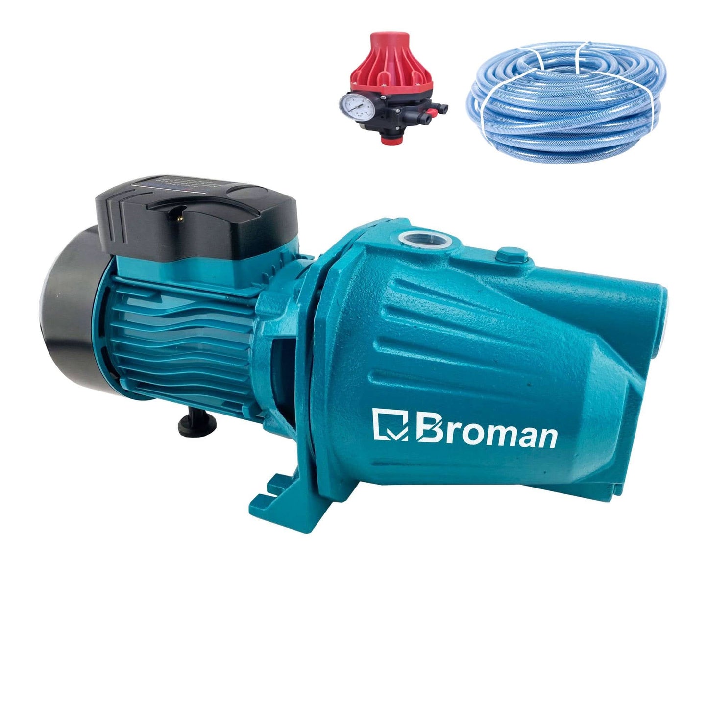 Set pompare complet: Pompa apa autoamorsanta Broman JET100L, 1800W, 60 l/min, H refulare 48m + Prescontrol automat Elefant EWPC-3, 1.1kW, racord 1", 1.5 bar + Furtun apa transparent cu insertie 1" Ø32 - 50 m