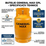 Butelie gaz GPL cu guler Rotor, volum 26l, metal, omologata ISCIR pentru Aragaz, Plita sau Soba, include furtun 1.5m, ceas