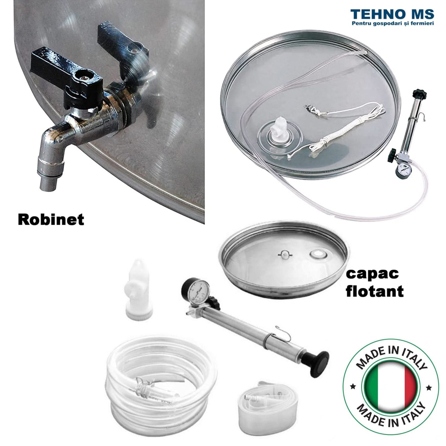 Butoi inox cu capac flotant busonat si canea, 540L, Tehno Ms #41303