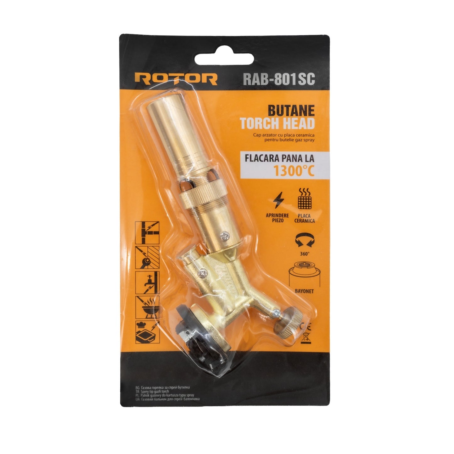 Cap arzător din oțel pentru butelie gaz spray, placă ceramică, aprindere piezo, conectare bayonet ROTOR RAB-801SC