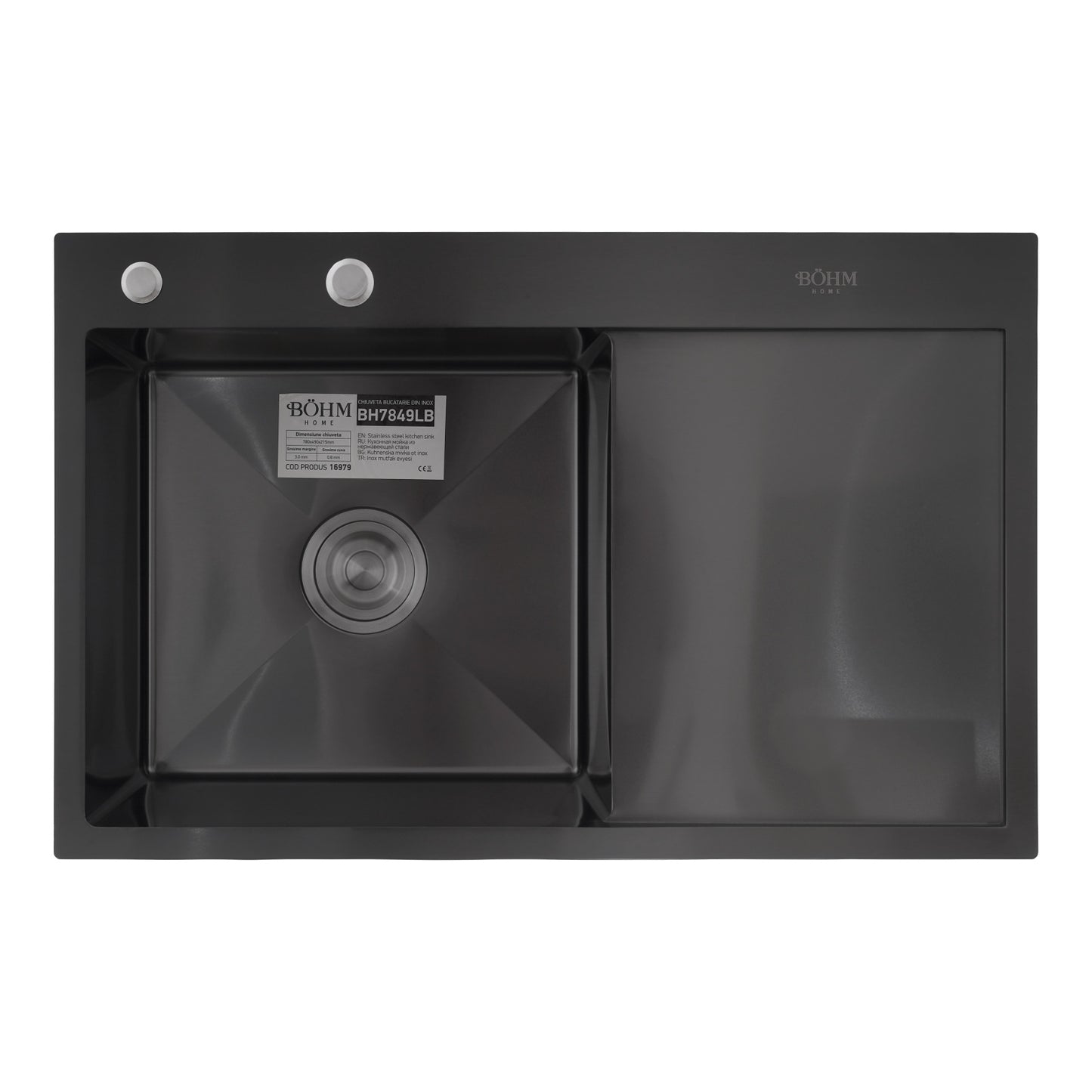 Chiuveta Bucatarie Inox SUS304 Bohm BH7849LB, 780x490mm, nano black, cuva stanga - detaliu 2