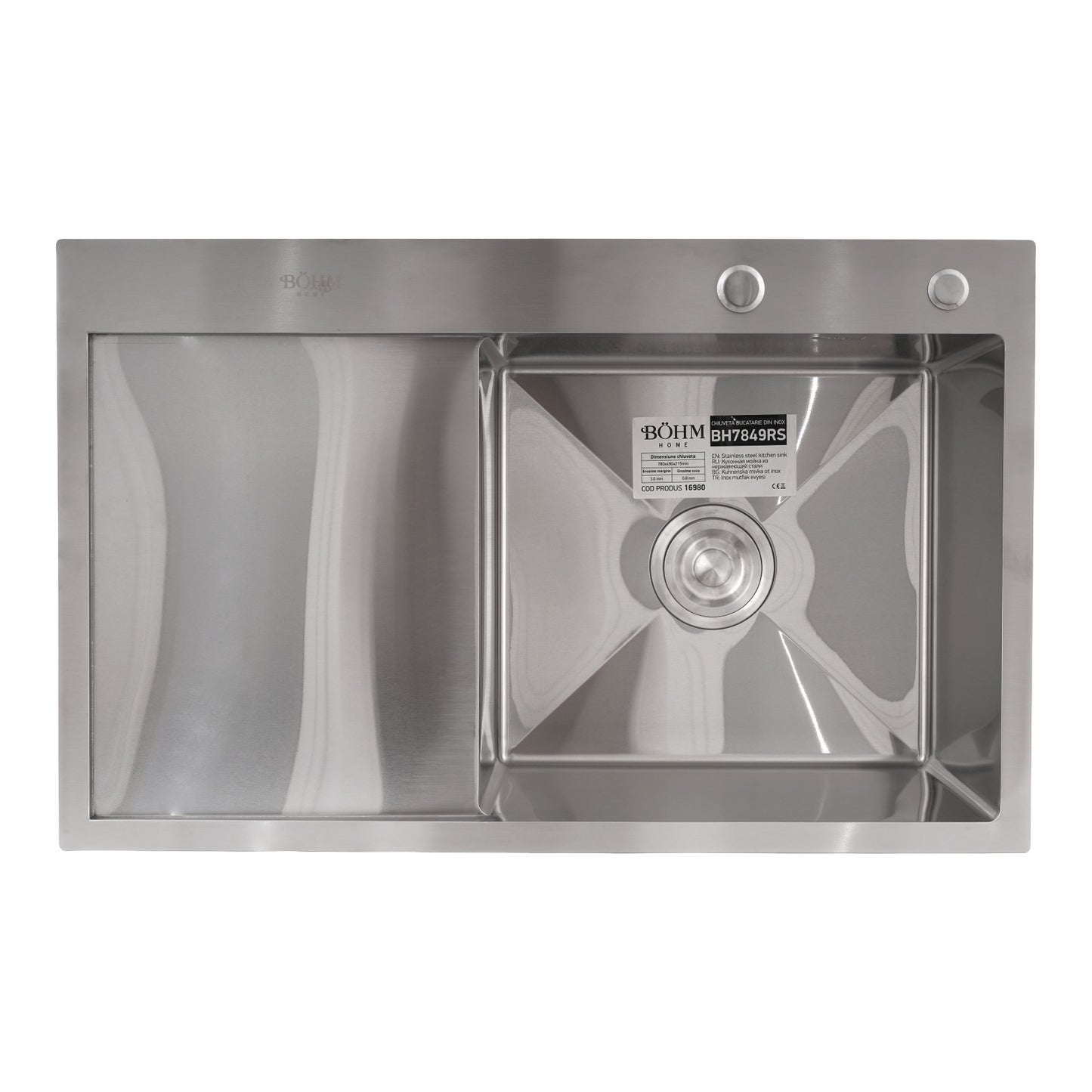 Chiuveta Bucatarie Inox SUS304 Bohm BH7849RS, 780x490mm, satin, cuva dreapta - detaliu 2
