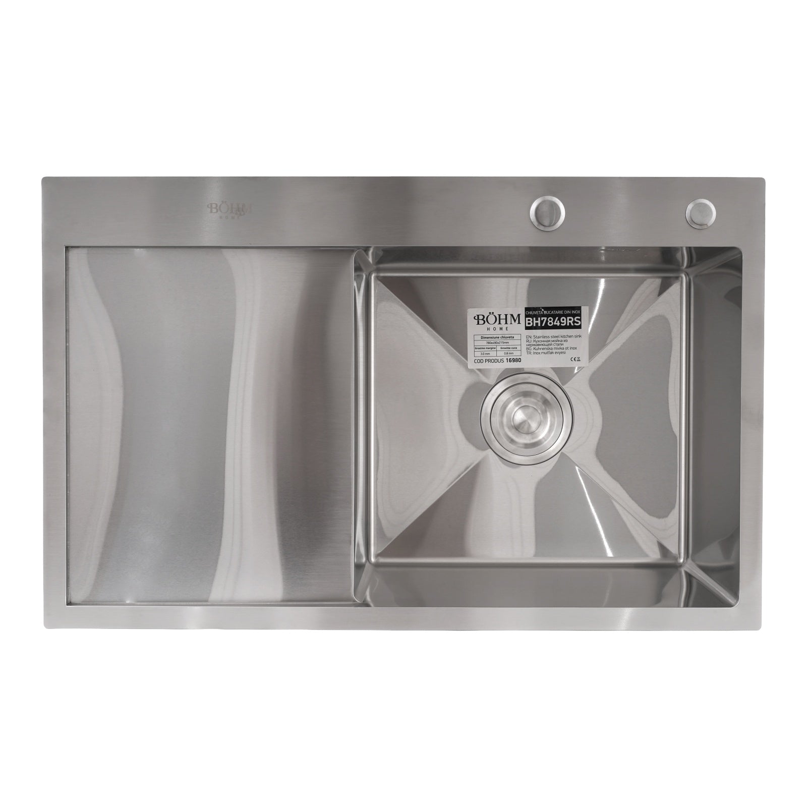 Chiuveta Bucatarie Inox SUS304 Bohm BH7849RS, 780x490mm, satin, cuva dreapta - detaliu 2