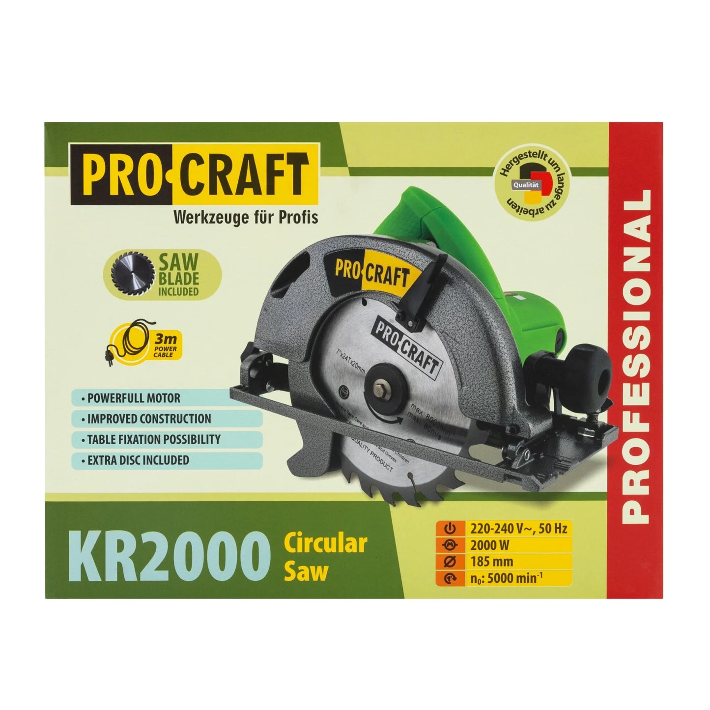 Fierastrau circular Procraft, 2000W, disc 185 mm, 5000 rpm, taiere 0–45°, adancime 65 mm