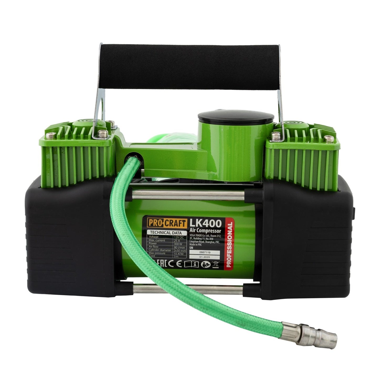 Compresor auto Procraft LK400, 12V, 276W, 80 L/min, presiune 10 bari, 2 cilindri