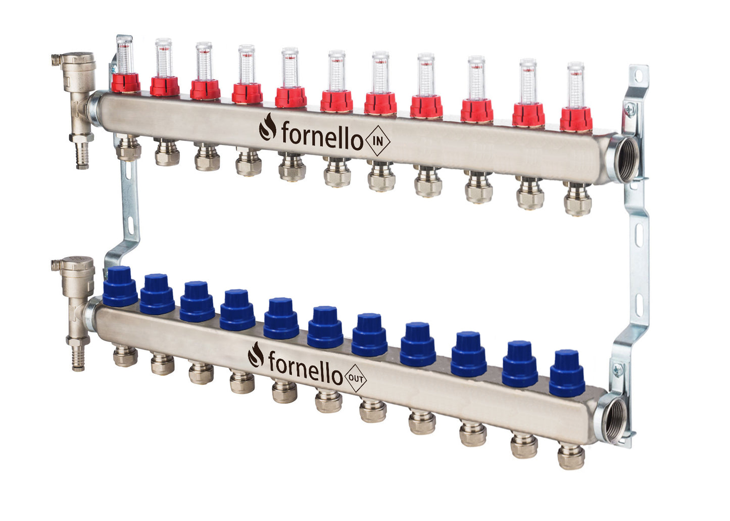Distribuitor-Colector Fornello, echipat cu debitmetre, robineti si aerisitoare, inox, filet interior, 11 cai, 1"