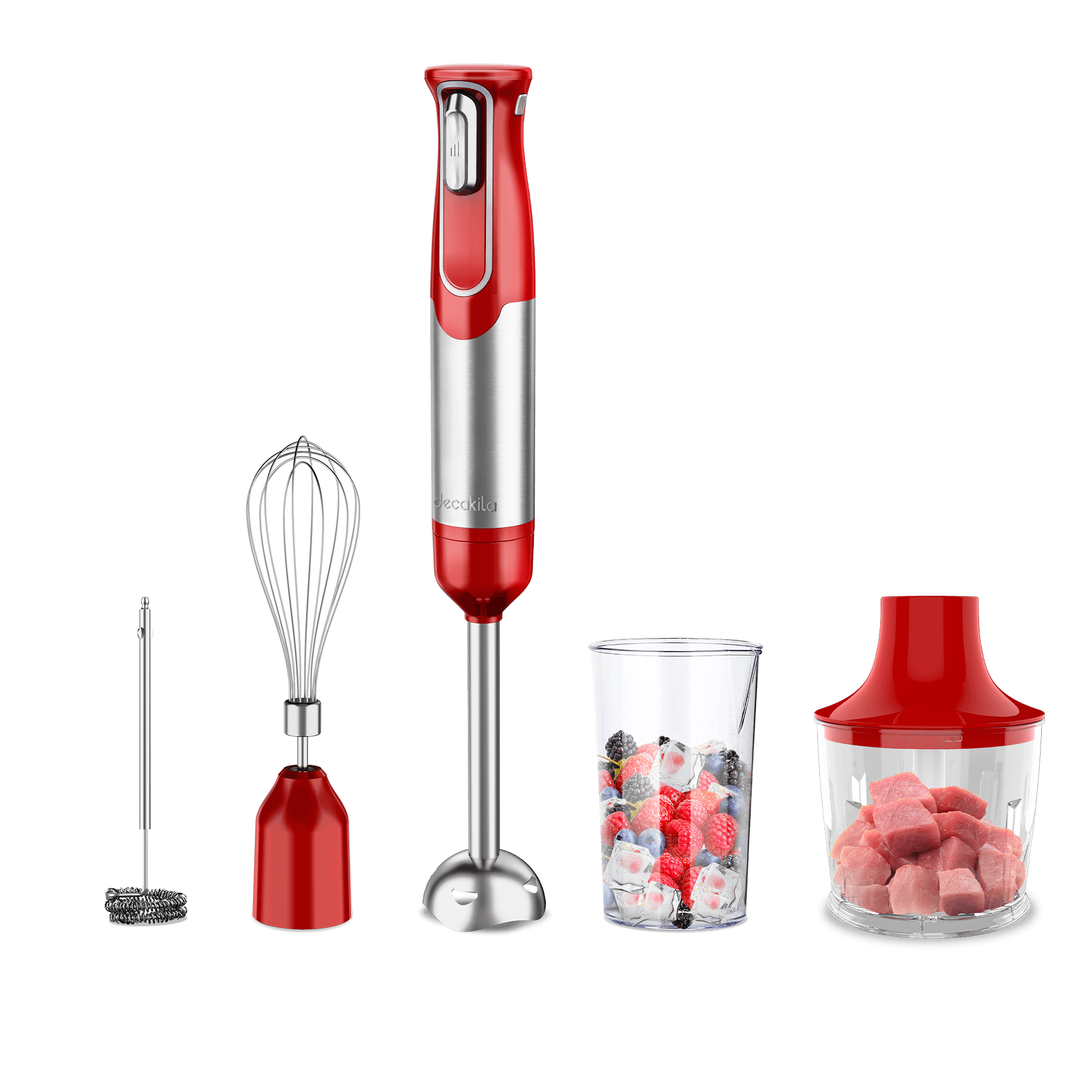 Blender manual fara fir Decakila 5 in 1, 100 W, baterie reincarcabila, accesorii incluse, rosu
