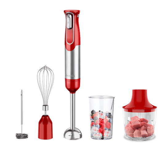 Blender manual fara fir Decakila 5 in 1, 100 W, baterie reincarcabila, accesorii incluse, rosu