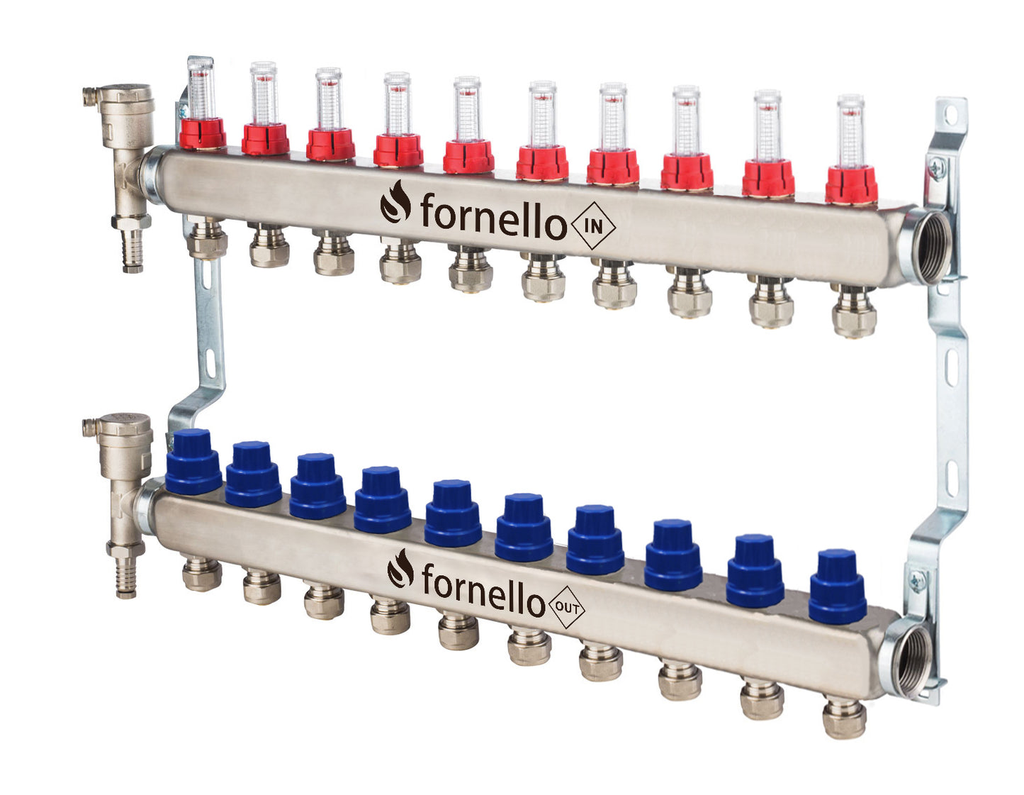 Distribuitor-Colector Fornello, echipat cu debitmetre, robineti si aerisitoare, inox, filet interior, 10 cai, 1"