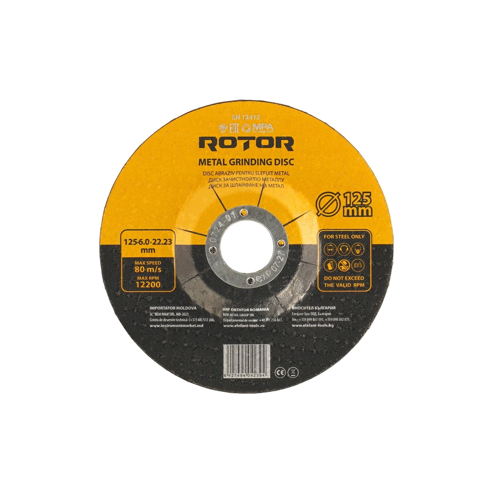 Disc abraziv pentru slefuit metal ROTOR 125*6,0*22,23 - Pachet 10 bucati