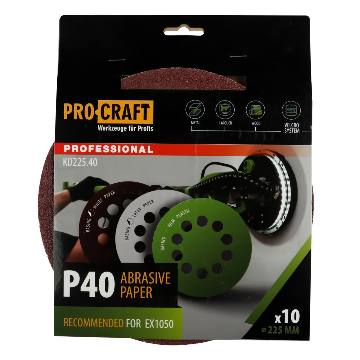 Disc abraziv pentru slefuitor cu excentric KD225.40 PROCRAFT (Set 10 buc)Diametru: 225 mm , Granulatie: P40