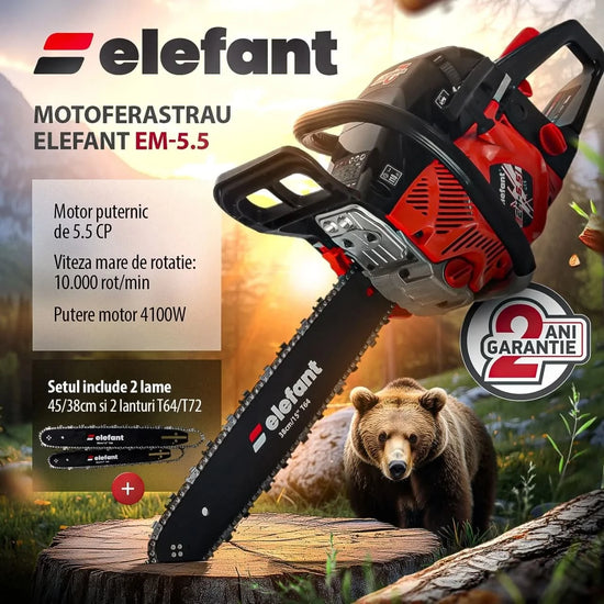 Drujba pe benzina ELEFANT EM-5.5, 5.5CP, 52cc, 10000rpm, lame 38 si 45cm, 2 lanturi
