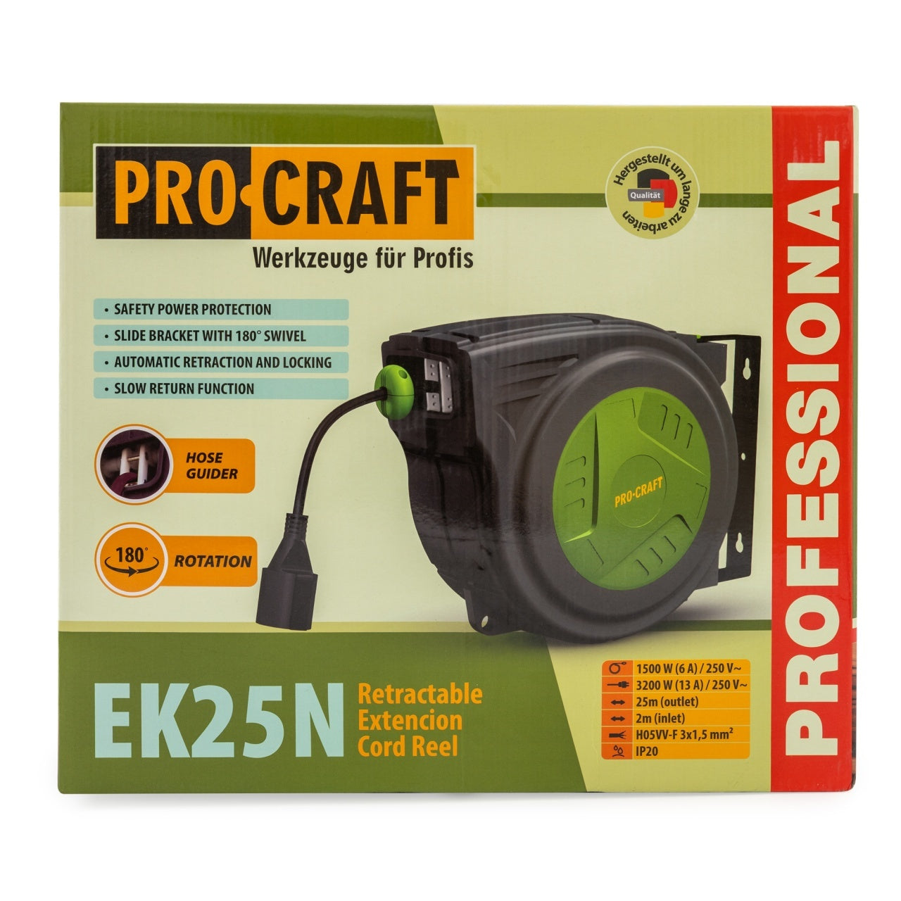 Cablu prelungitor tambur automat ProCraft EK25N, 25m, 3x1.5mm