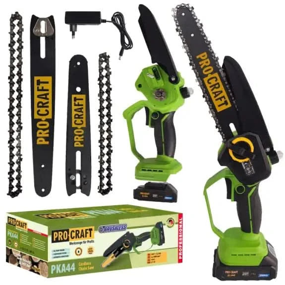 Fierastrau cu lant pe acumulator Procraft PKA44, 21V, 1.5Ah, 2 lame, 2 lanturi, ungere automata