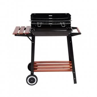 Gratar de gradina pe carbune, 48x28 cm, reglabil pe 4 niveluri, otel emailat, raft lateral din lemn, roti, 82x33x85 cm
