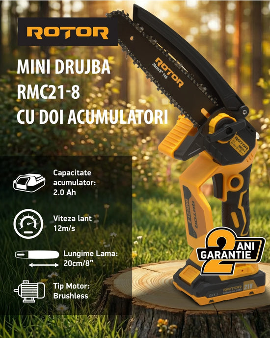 Fierastrau cu lant pe acumulator ROTOR RMC21-8, 21V / 2Ah, Brushless, lama 20 cm, ungere automata, set complet cu 2 acumulatori