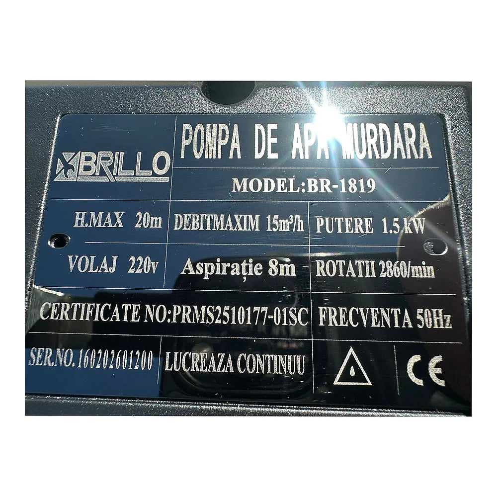 Pompa drenaj suprafata Brillo 1.5kW, 15000L/h, aspiratie 8m
