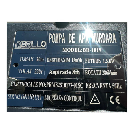 Pompa drenaj suprafata Brillo 1.5kW, 15000L/h, aspiratie 8m
